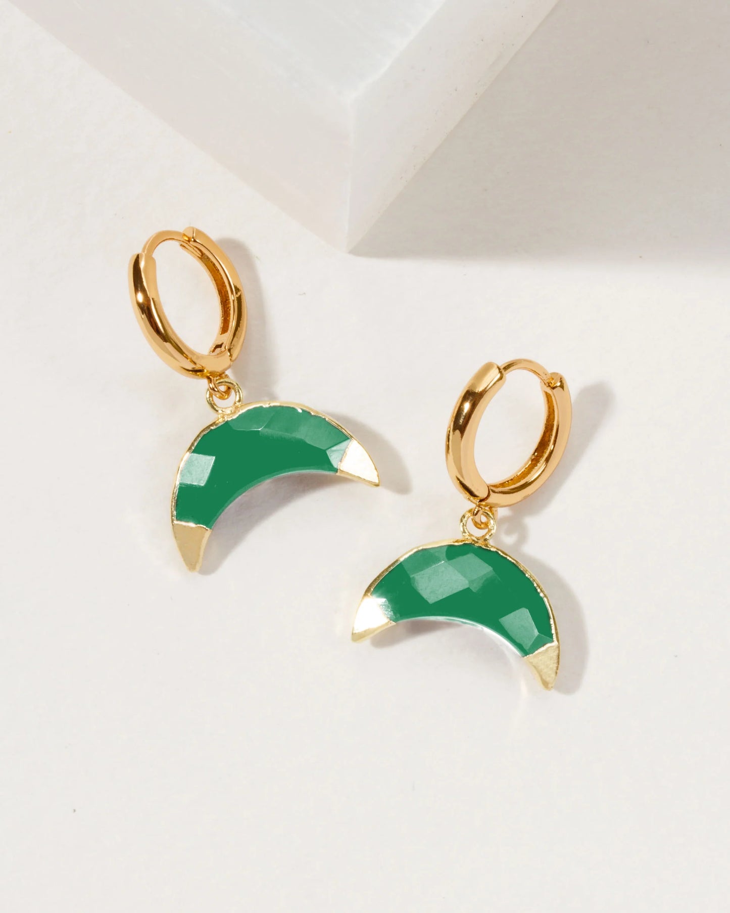 CRESCENT HORN HUGGIE HOOP EARRINGS - GREEN CHALCEDONY